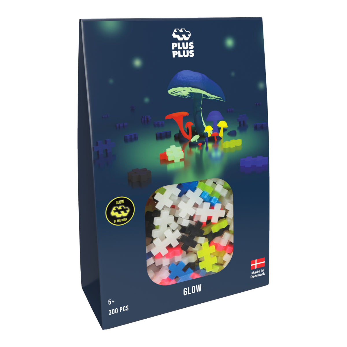 Packaging for the Plus-Plus Glow Mix set featuring a whimsical glowing mushroom scene.