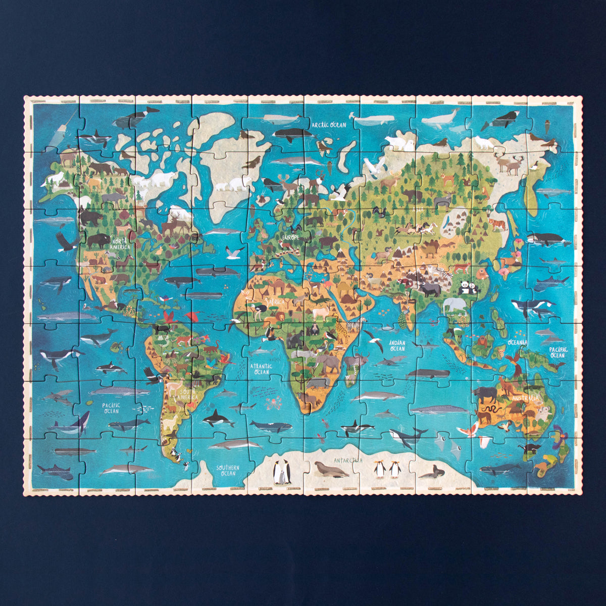 The fully assembled Animal Planet puzzle displaying a world map with animals.