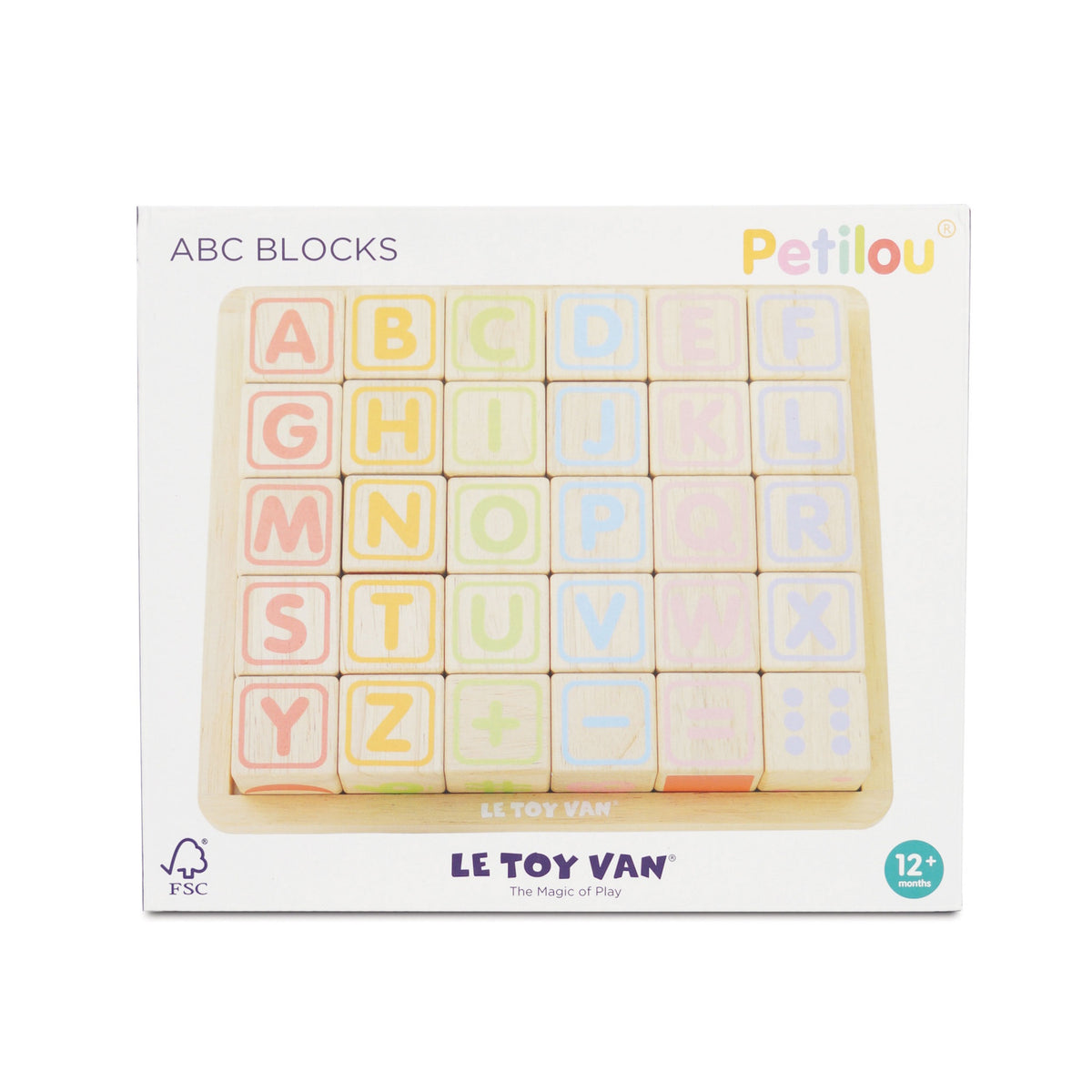 Packaging box for Le Toy Van Petilou ABC blocks set in a wooden storage tray.