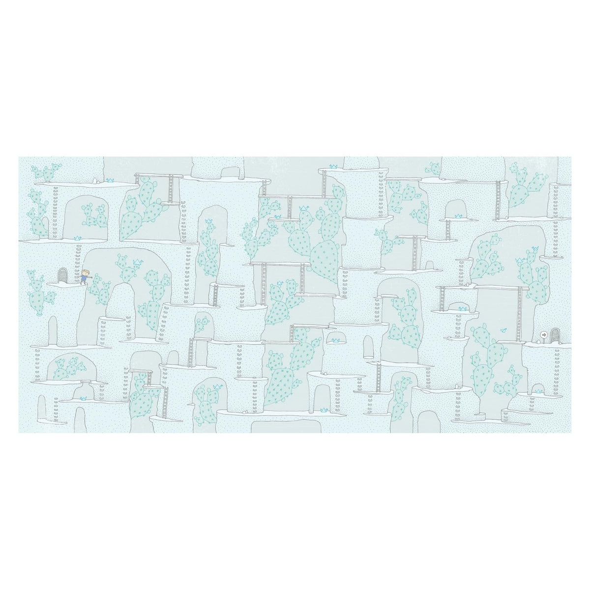 Intricate blue maze illustration with ladders, caves, and prickly pear cacti from the Amazed Maze Adventure book.