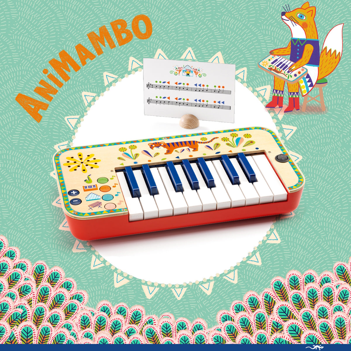 Djeco Animambo electronic synthesizer wooden toy keyboard for kids with sheet music.