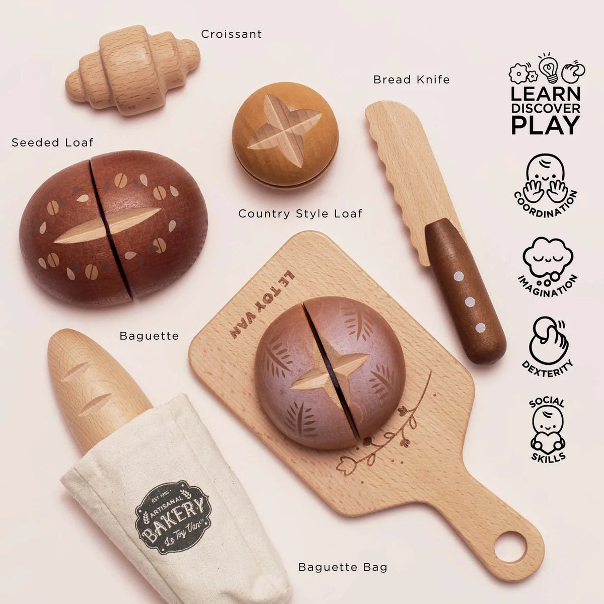 Wooden toy bakery play set featuring a cutting board, bread knife, croissant, and various toy loaves.