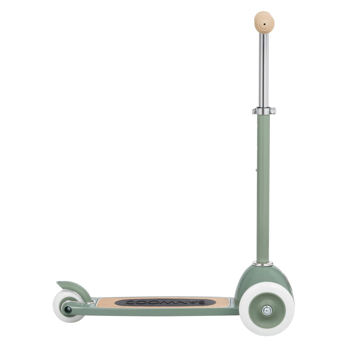 Side view of a sage green 3-wheeled kids scooter with a wooden deck, shown against a white background.
