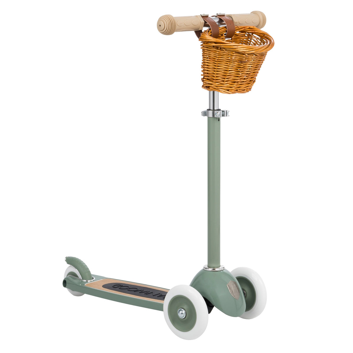 Sage green 3-wheeled kids scooter with a front wicker basket and wooden deck, set against a white background.