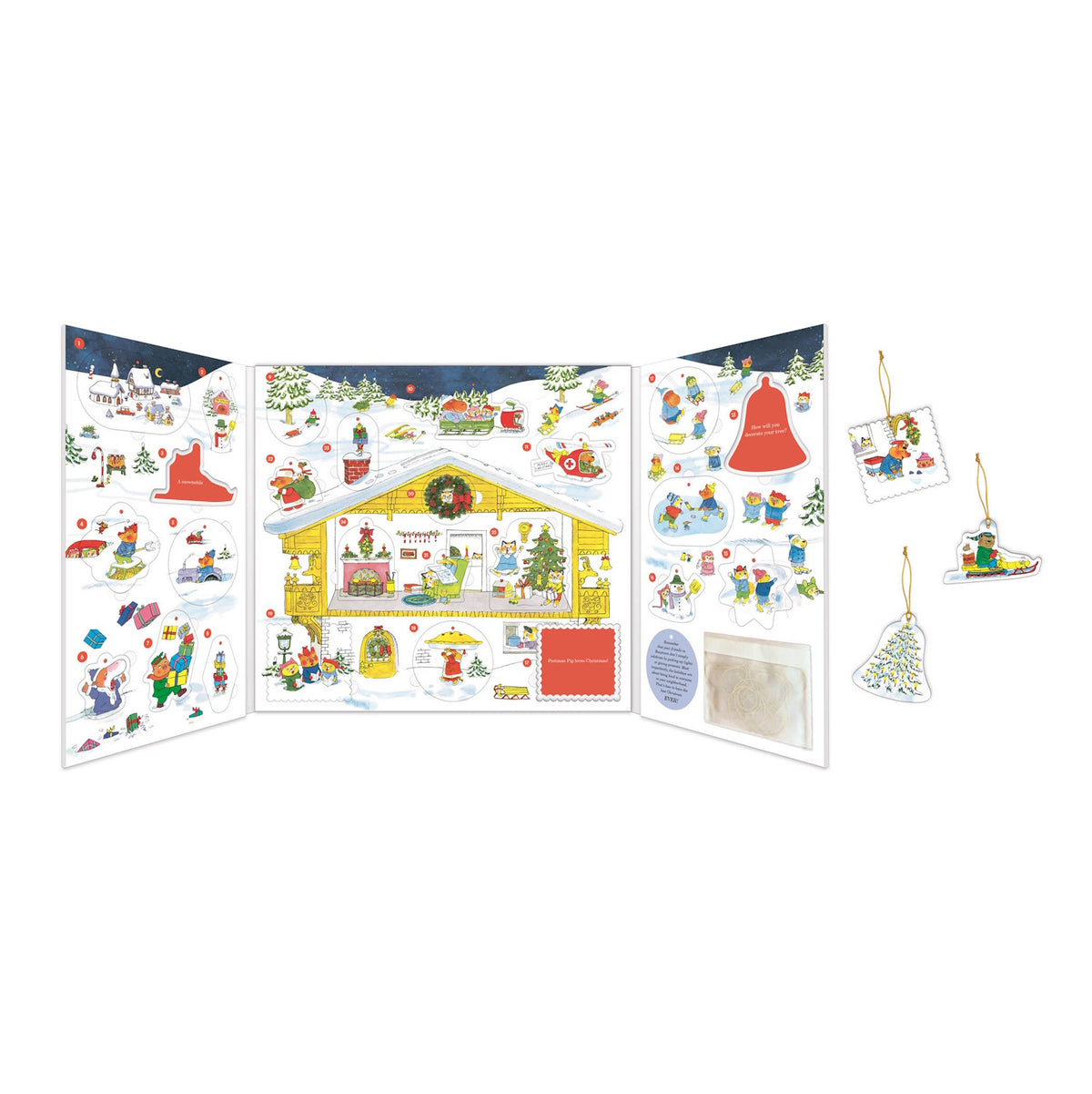Richard Scarry's Best Advent Calendar Ever open 3D spread with pop-out ornaments, angled view.