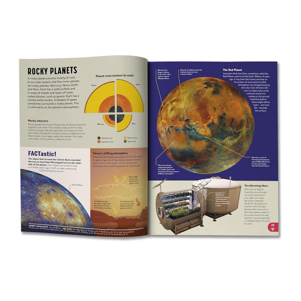 Two-page spread from a children's encyclopedia about rocky planets, featuring diagrams of Mars and planetary cross-sections.