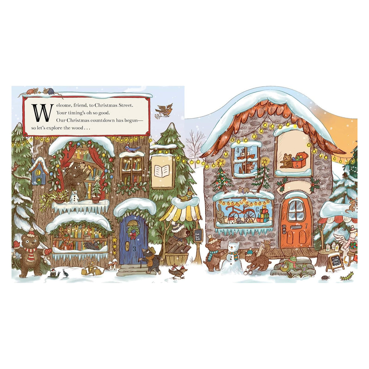 Illustrated snowy scene with festive houses adorned with Christmas lights and decorations. Animals, like bears and owls, enjoy the cozy, cheerful ambiance.