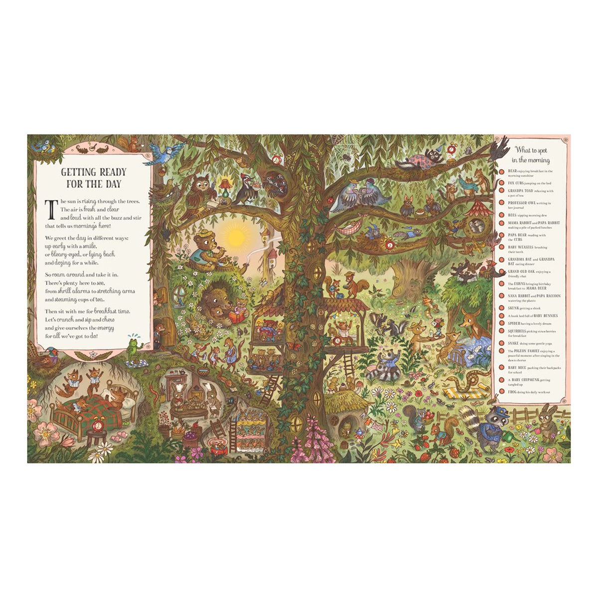An illustrated double-page spread titled "Getting Ready for the Day" featuring a busy woodland scene and a "What to spot" checklist.