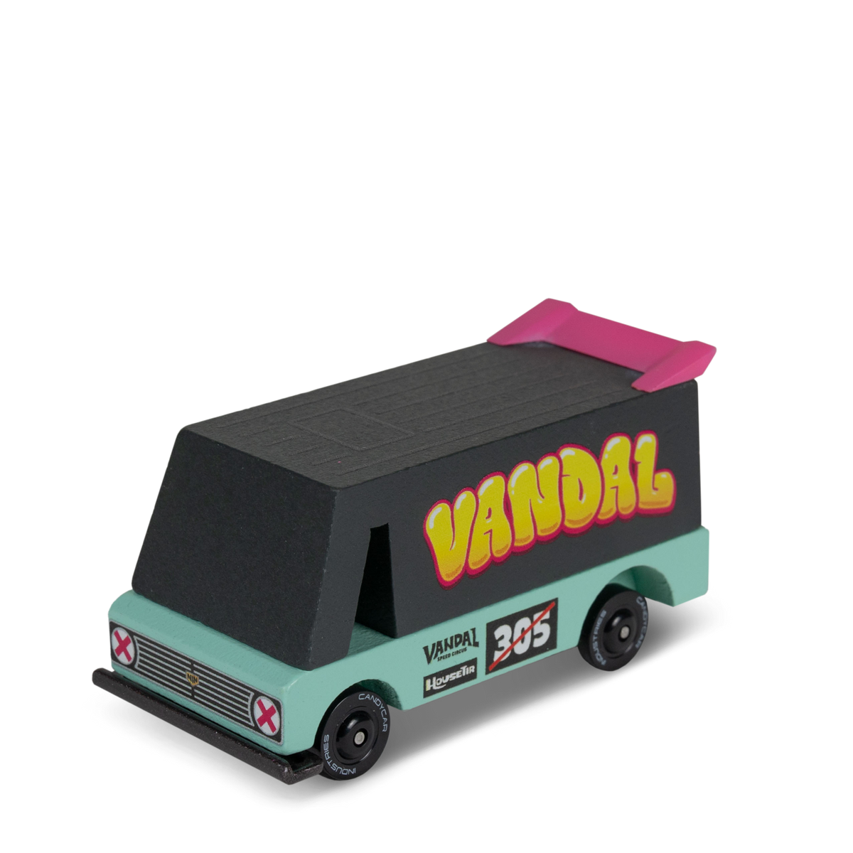 Wooden toy Vandal Van in seafoam green and black with pink spoiler and yellow "Vandal" graffiti text on a white background.