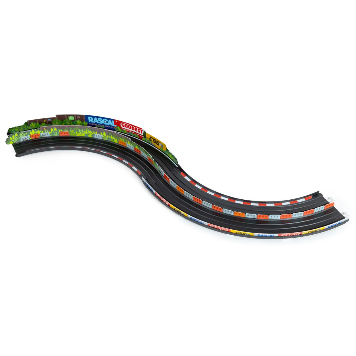 Candylab Roadworks 90-degree turn track expansion pack featuring two curved black toy racing tracks with colorful barriers.
