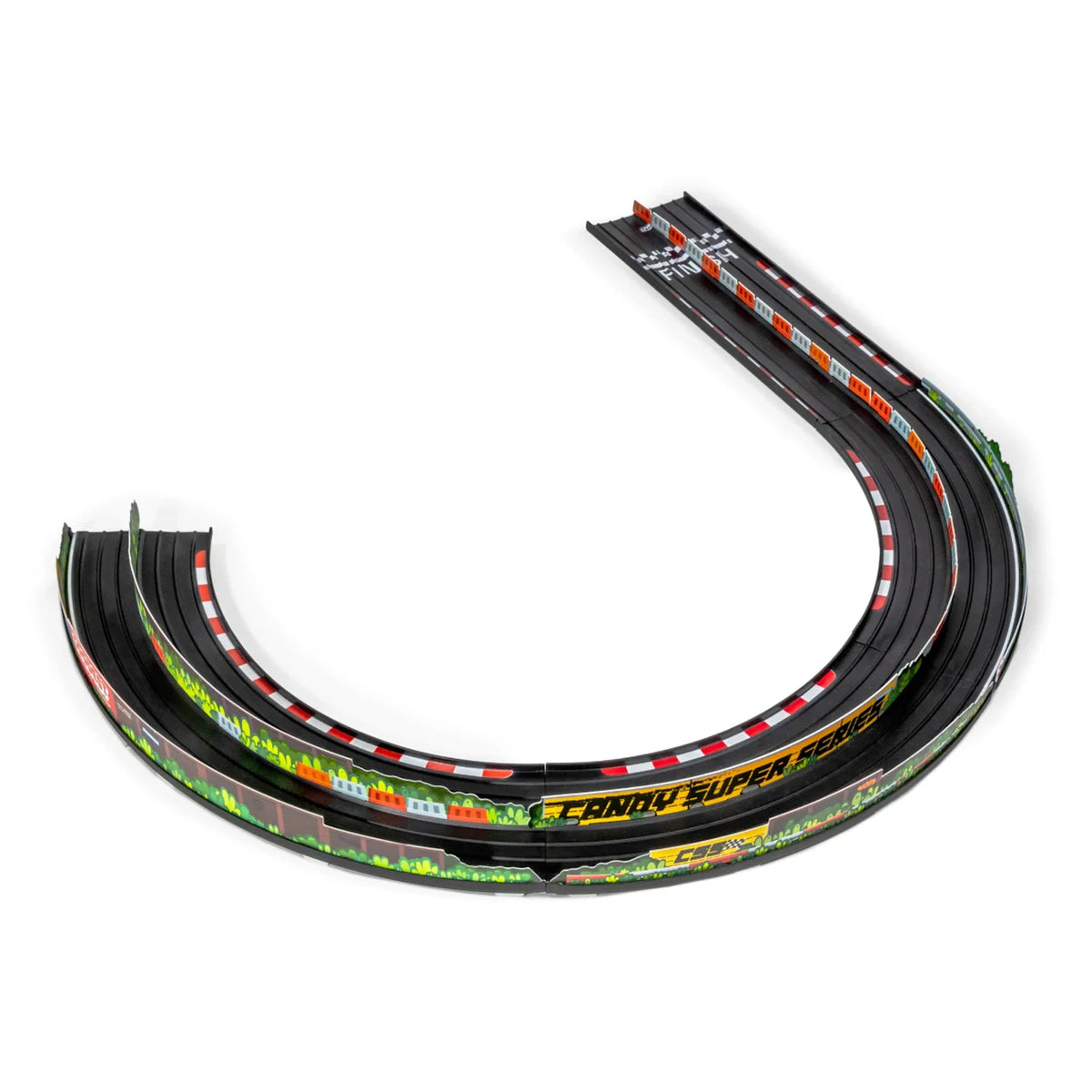 Candylab Roadworks Hairpin Turn add-on kit featuring a curved wooden toy race track with colorful guardrails and finish line.