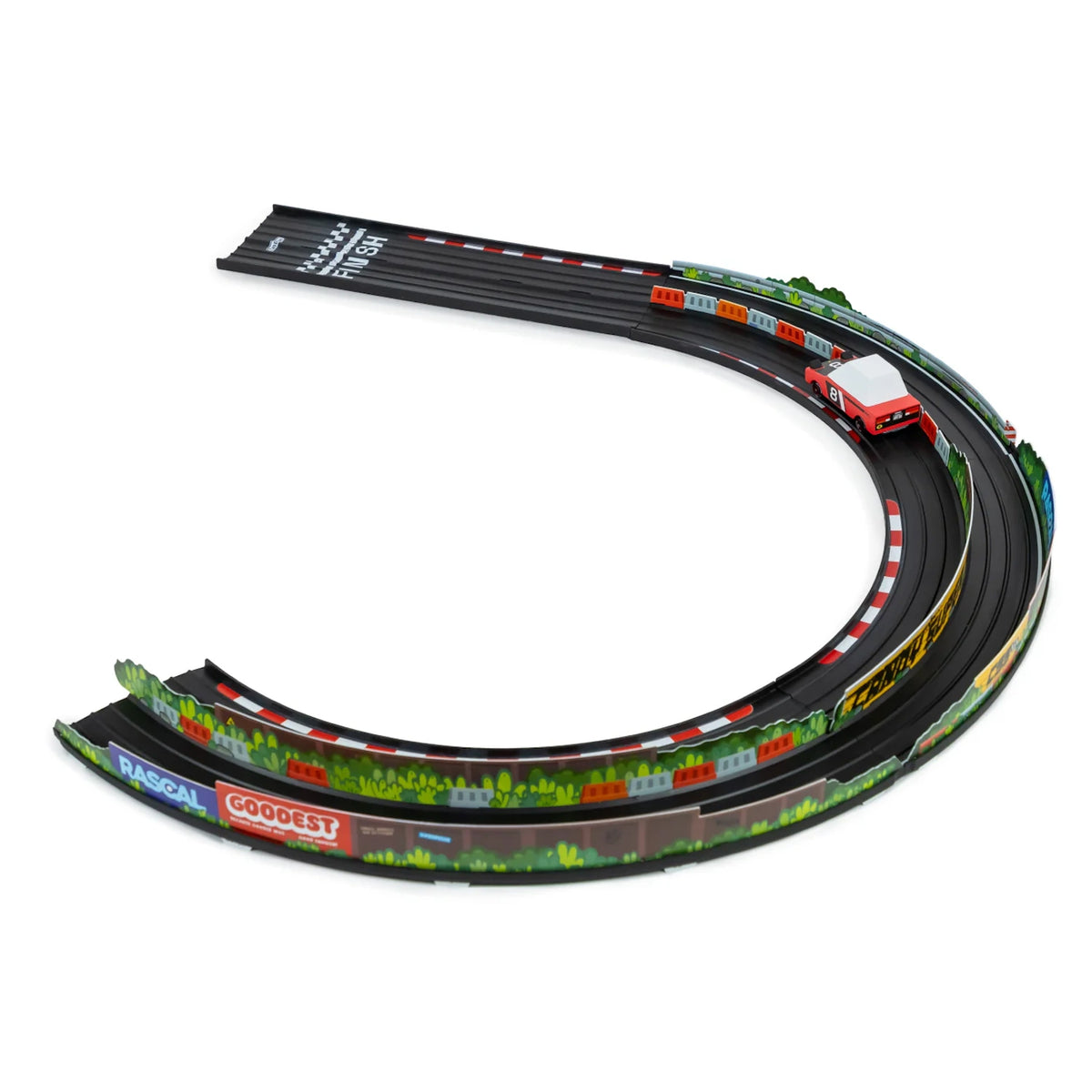 Candylab Roadworks Hairpin Turn toy track add-on kit with a red toy car, racing barriers, and finish line graphics.