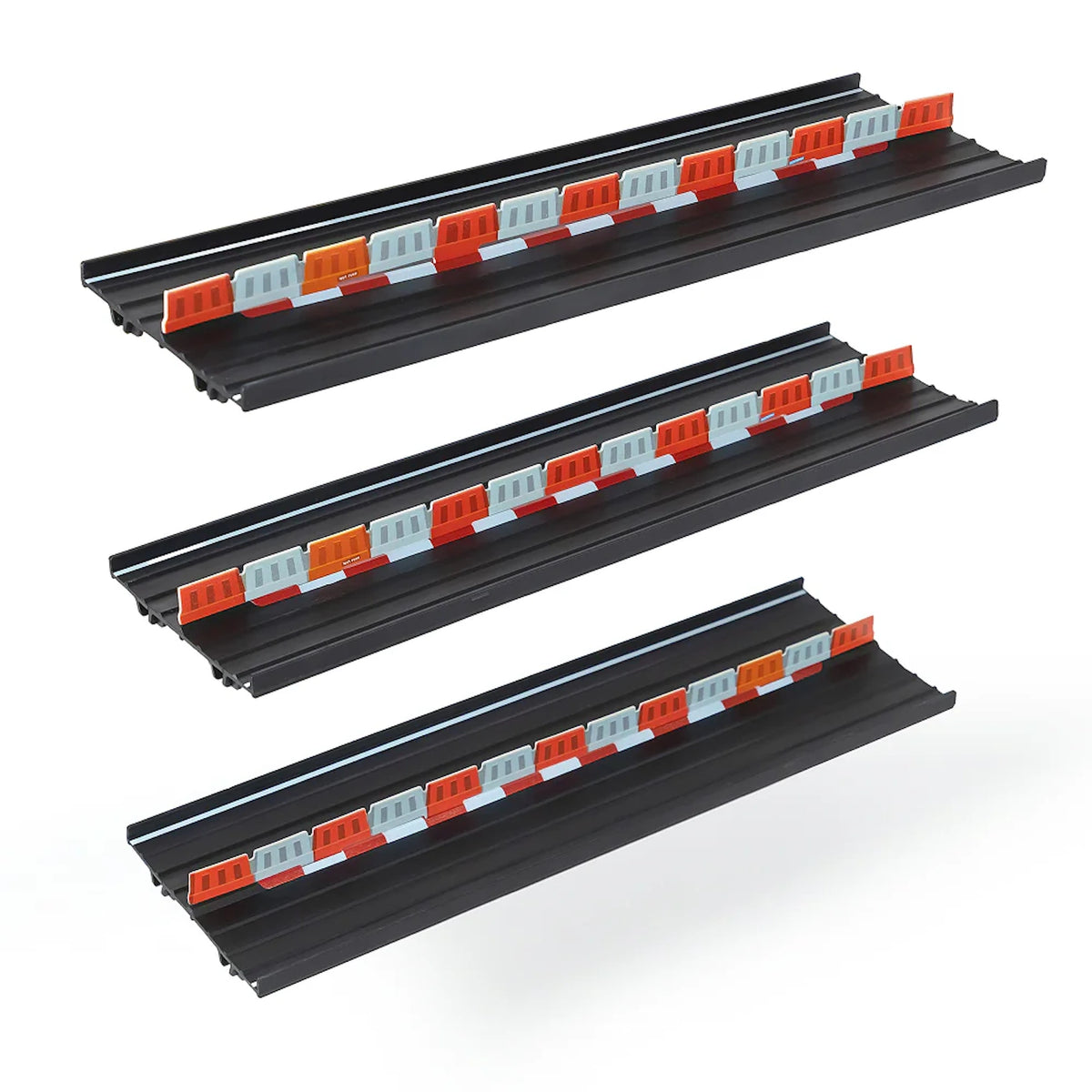 Candylab Roadworks straight track expansion pack featuring three black toy car tracks with orange and white safety barriers.