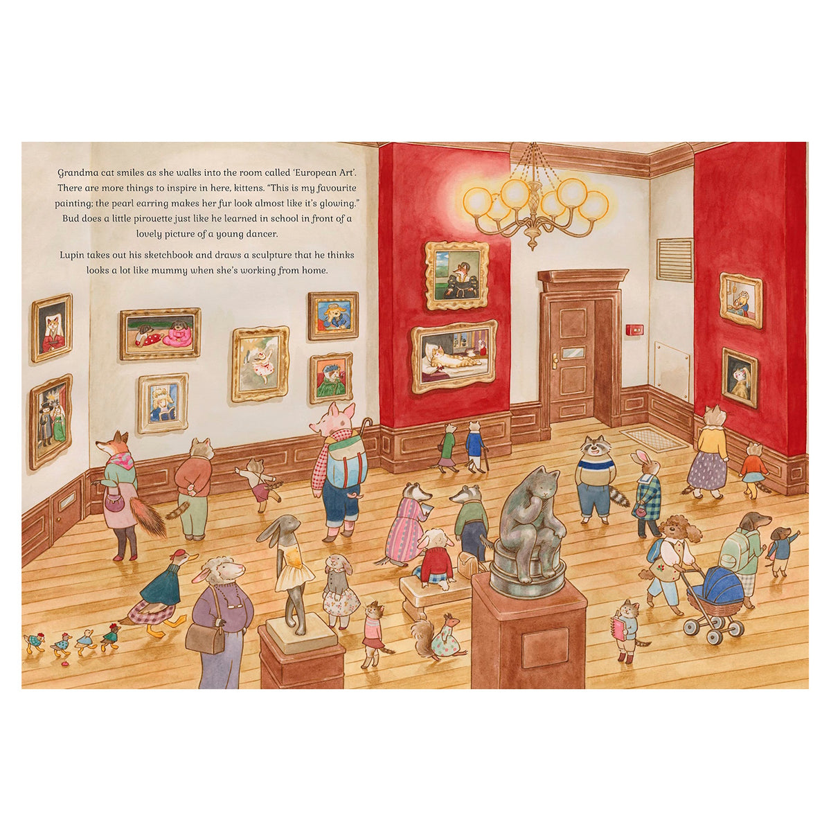 Illustrated children's book page showing characters viewing artwork and sculptures in a museum gallery.