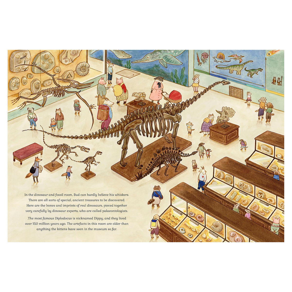 Illustrated children's book page showing a museum dinosaur and fossil hall with skeletons and display cases.
