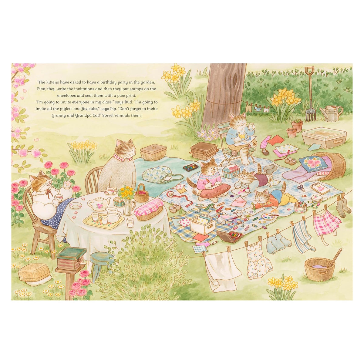 Illustrated book page of kittens making and sealing birthday party invitations in a garden.
