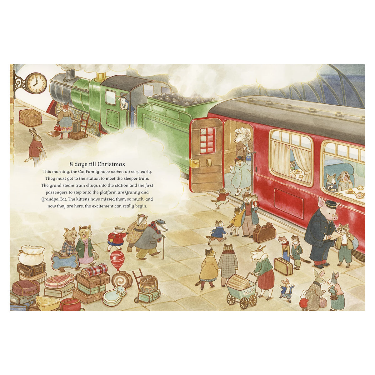 Illustrated scene of anthropomorphic animals on a train platform. A steam train puffs smoke. Animals in winter attire bustle, carrying luggage. Joyful reunion vibe. Text reads “8 days till Christmas.”