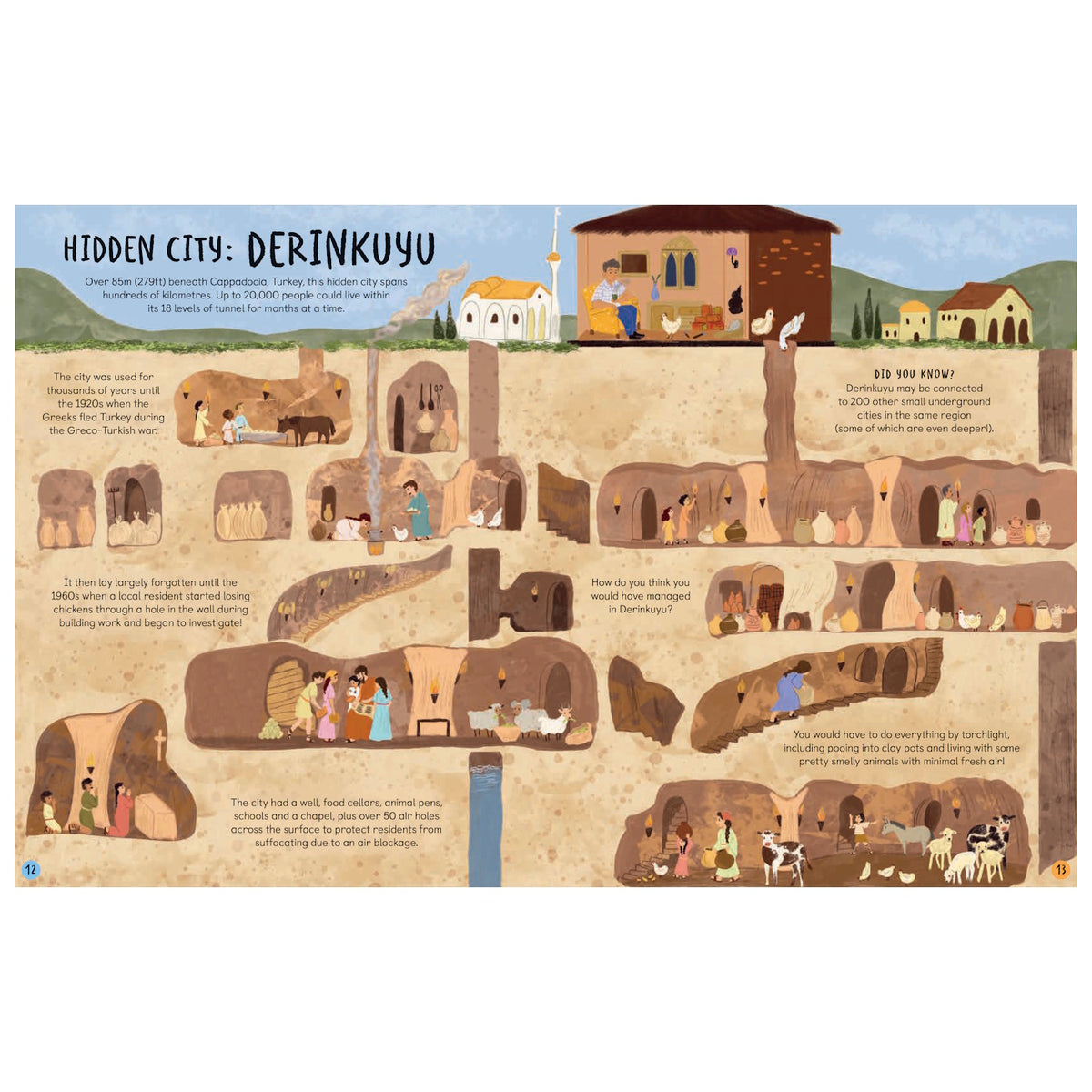 Illustration of the multi-level underground city of Derinkuyu in Turkey with people and animals in various rooms.