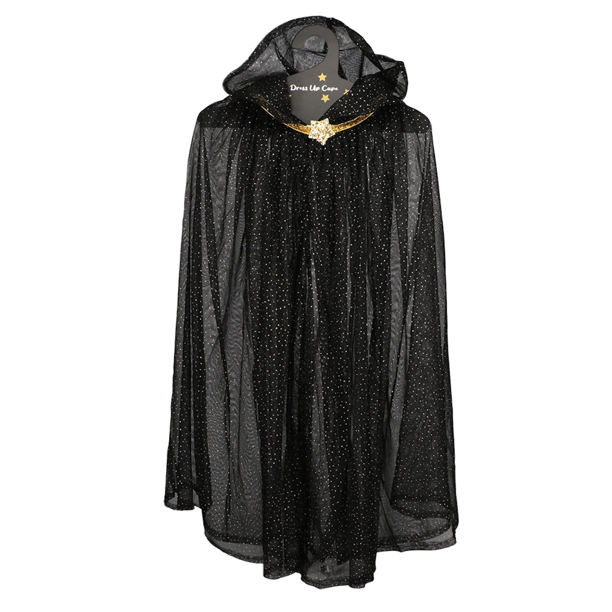 Black hooded dress-up cape made of sheer glittery fabric with a gold star clasp.