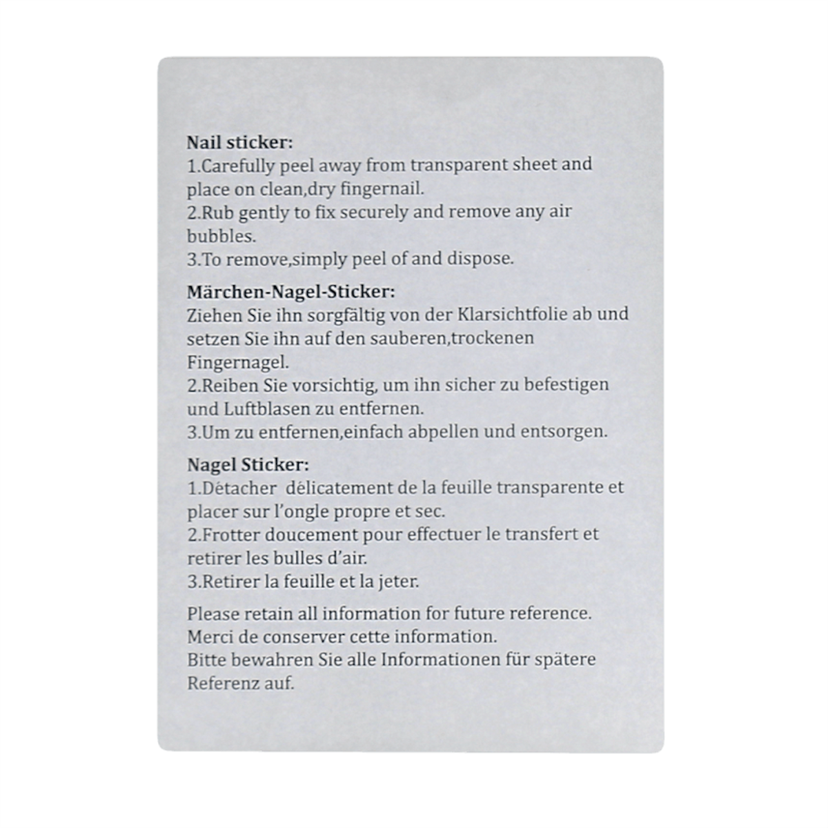 Instruction sheet showing application and removal directions for nail stickers in multiple languages.