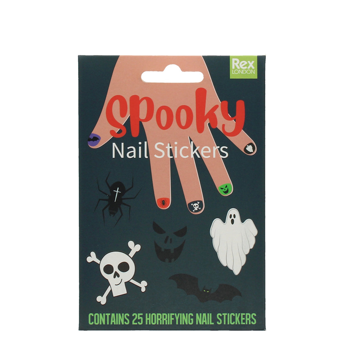 Front of a spooky Halloween nail stickers card package by Rex London containing 25 stickers.