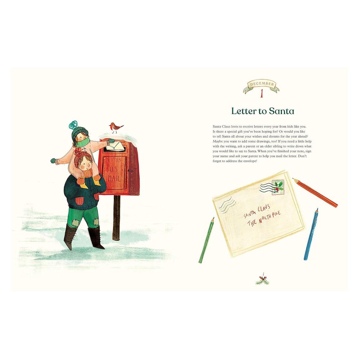 Child on another's shoulders drops a letter to Santa into a red mailbox; snow with a robin on top. Right text: Letter to Santa. Envelopes and pencils nearby.