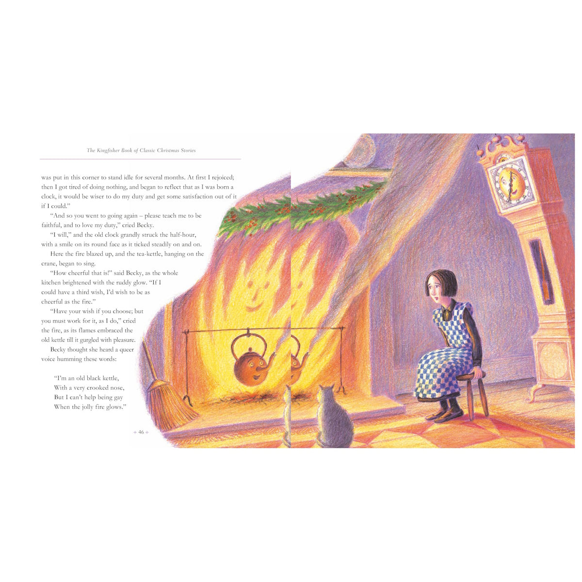 Illustration of Becky in a kitchen with a talking kettle, fireplace, and grandfather clock from a Christmas storybook.
