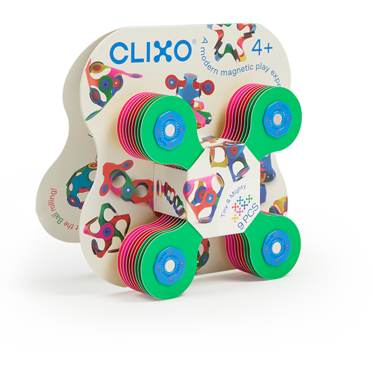 Clixo Tiny & Mighty 9-piece magnetic play set packaging displaying colourful flexible building pieces.