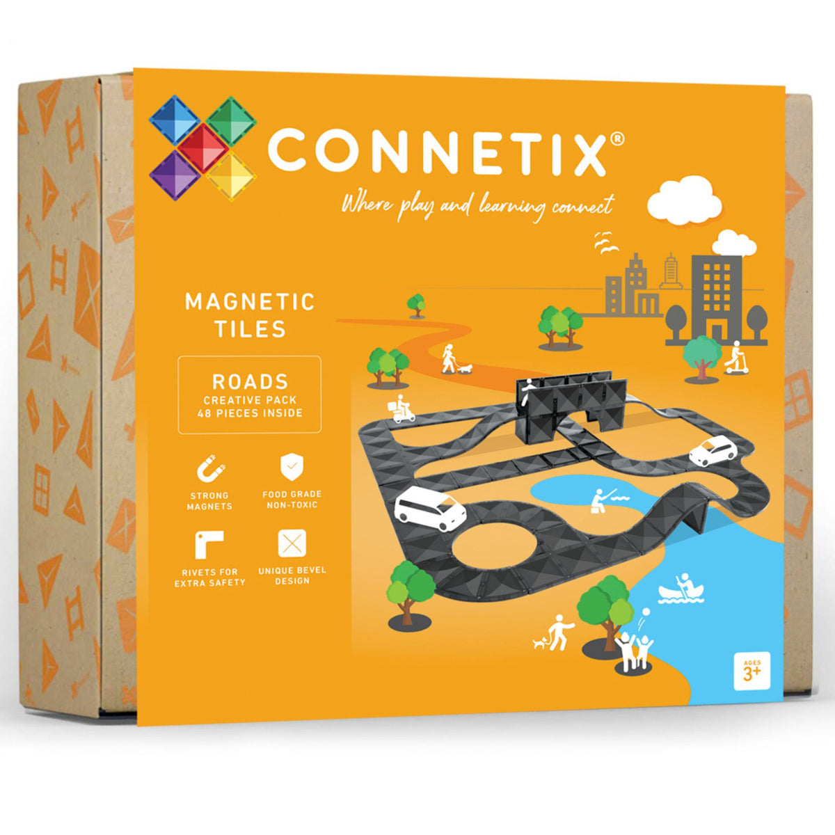 Orange Connetix box showcasing a magnetic tile road set with black roads, white toy cars, and playful city and park graphics. Labeled for ages 3+.