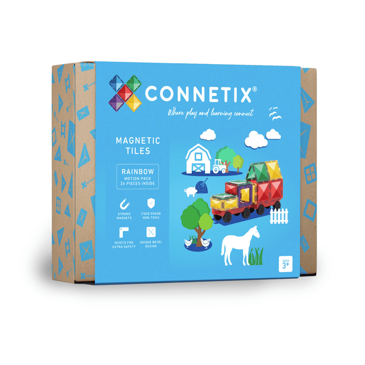 Packaging for Connetix Magnetic Tiles set. Features colorful tiles forming a train with farm elements, designed for children ages 3 and up.