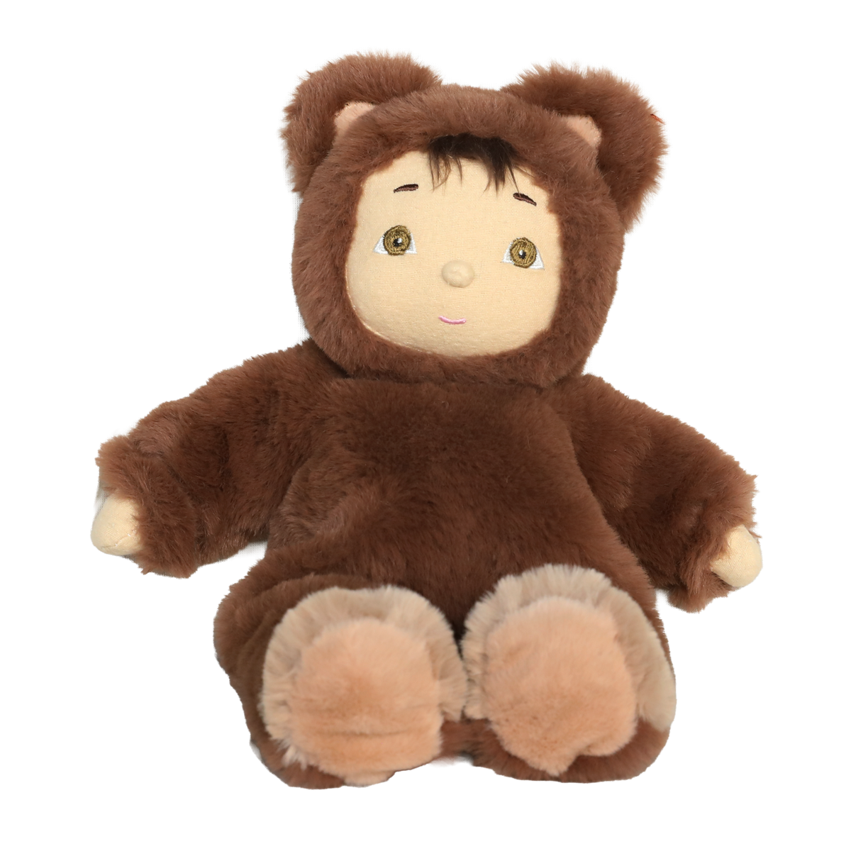 Olli Ella Cozy Day Dinkum Bobby Bear plush doll wearing a fuzzy brown teddy bear hooded outfit.