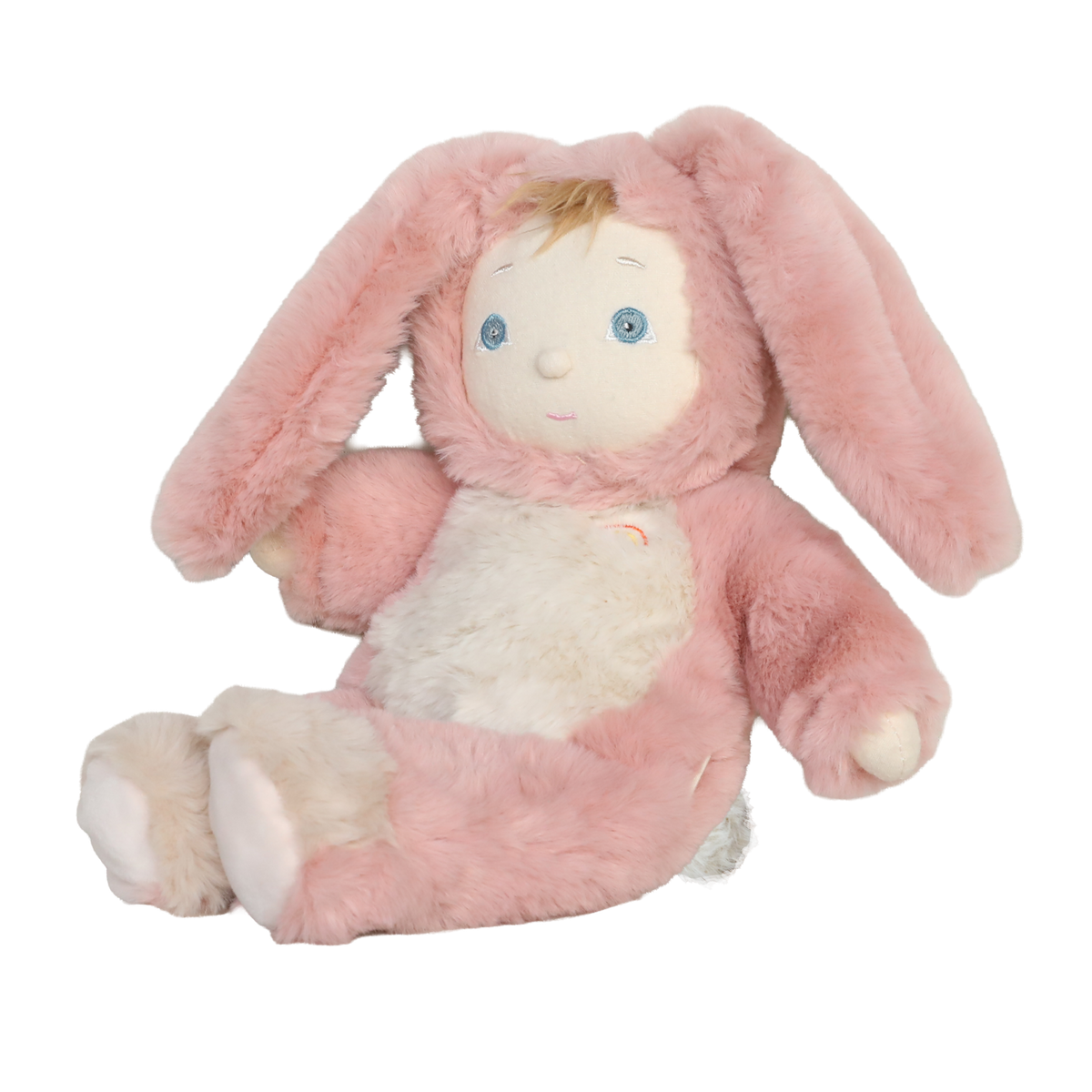 Side angle of an Olli Ella Cozy Dinkum Bunny Pinkie plush doll with floppy ears on a white background.