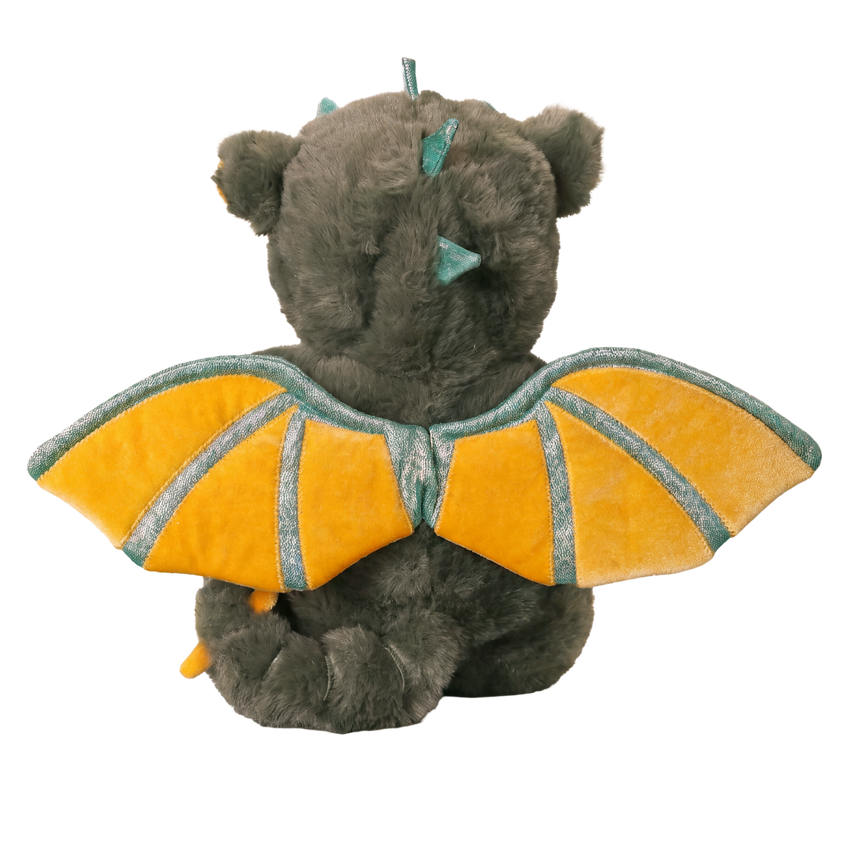 Plush grey Dinkum Doll dragon toy seen from behind, featuring yellow wings and small spikes.