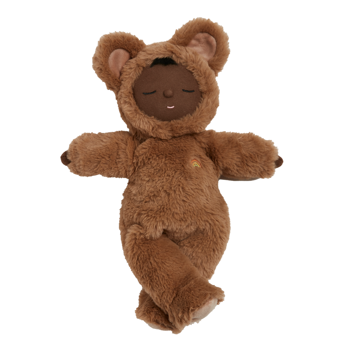 Cozy Dinkum Teddy Mini Caramel plush doll wearing a fluffy brown bear onesie.