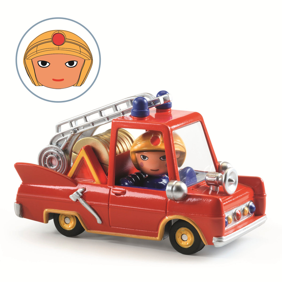 A bright red toy fire truck with a ladder, hoses, and emergency lights, featuring a driver in a blue uniform.