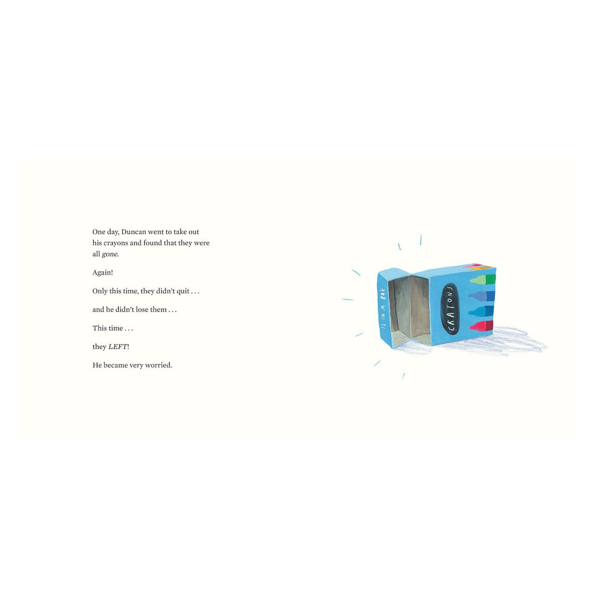 Illustration of an open, empty blue crayon box beside storybook text about missing crayons.