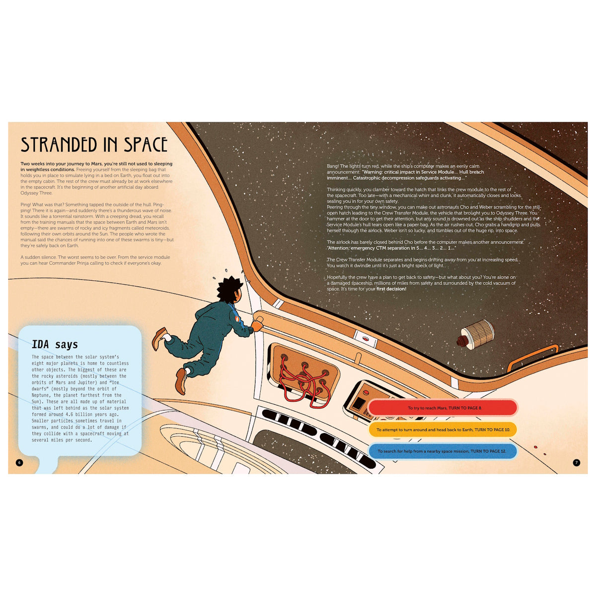 Illustration of an astronaut floating inside a damaged spacecraft, looking out into outer space.