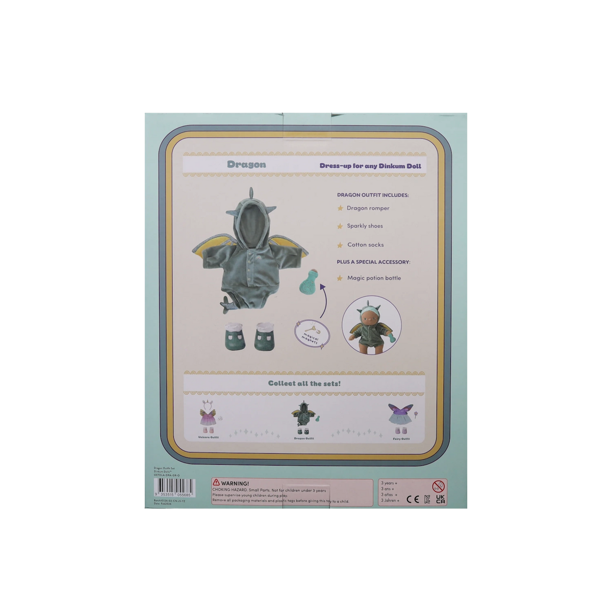 Back of Dragon Outfit Set box showing included item details, doll preview, and safety labels.