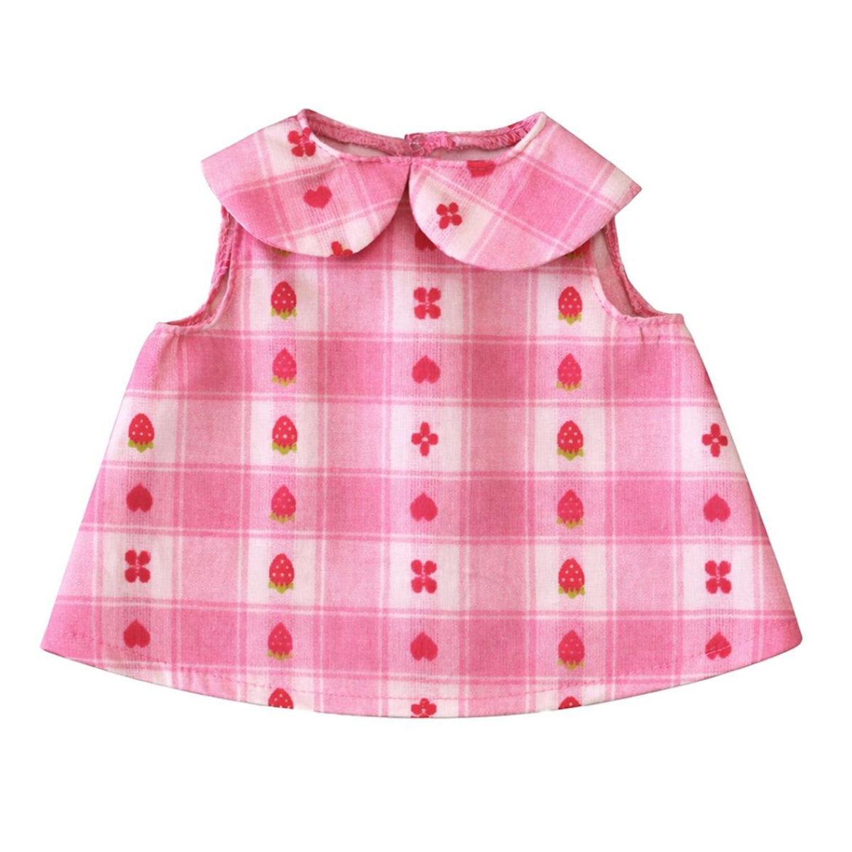 Pink plaid doll dress with strawberry print and peter pan collar.
