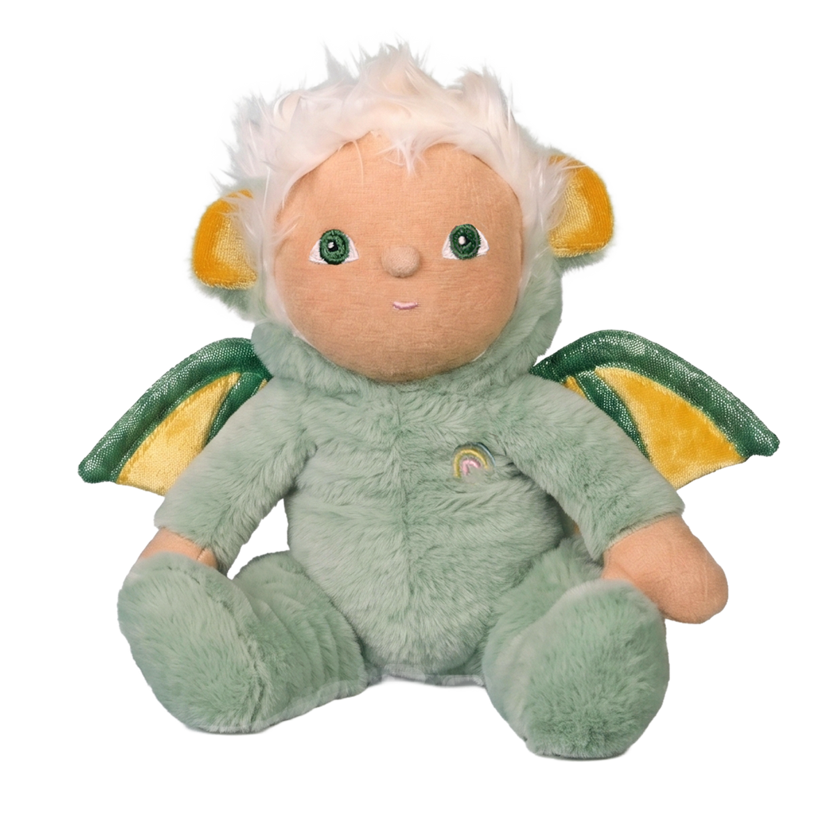 Dinky Dinkum Dax Dragon plush doll with green fur and yellow wings on a white background.