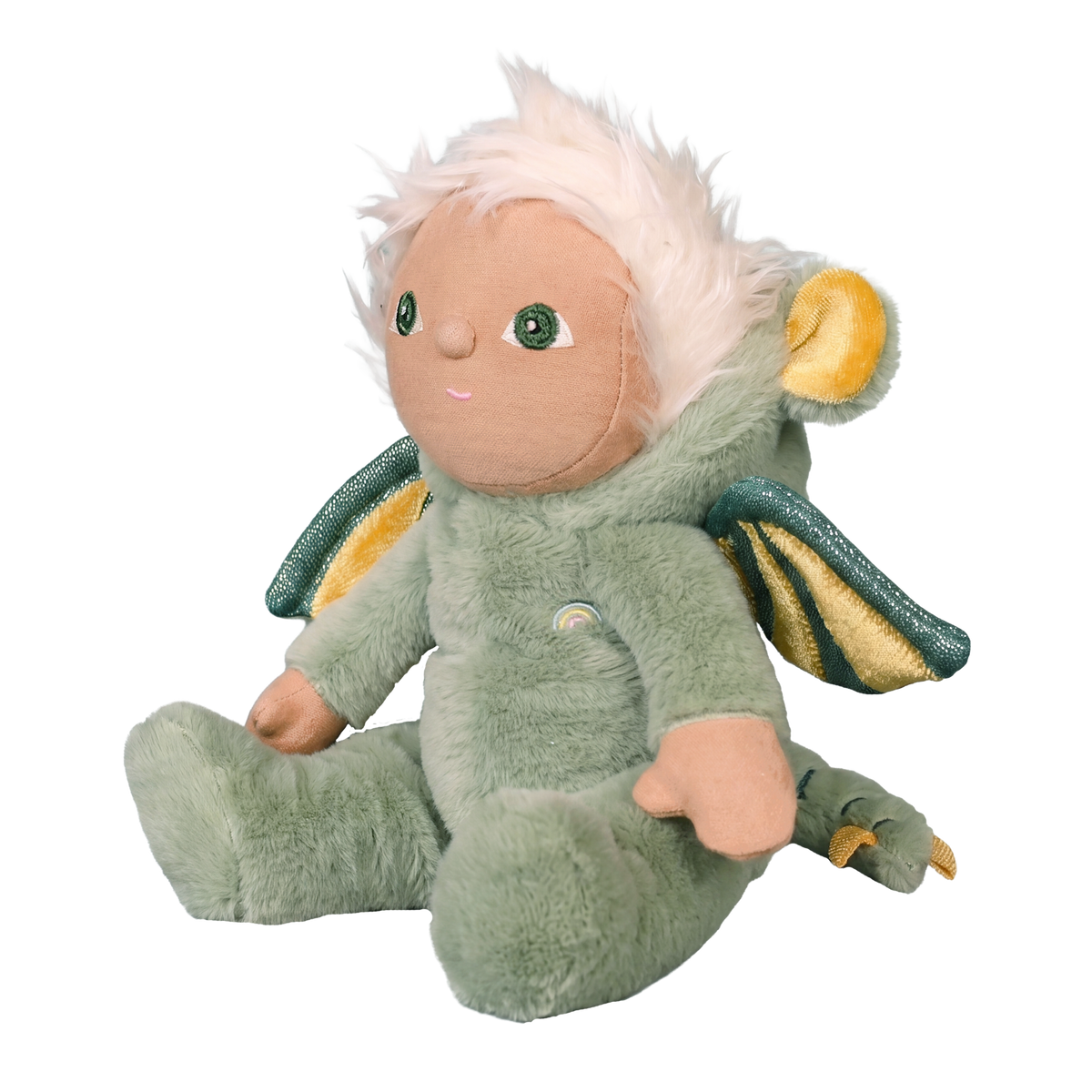 Olli Ella Dinky Dinkum Dax Dragon plush doll sitting in a side view profile.