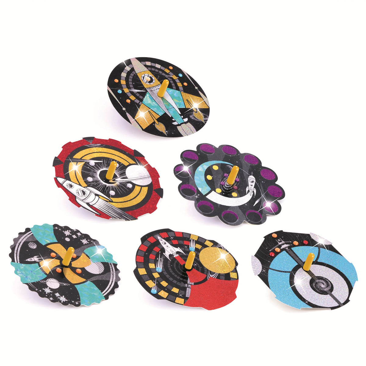A DIY kit with colourful, cosmic-themed designs for kids to create mesmerizing spinning toys that showcase hypnotic patterns.