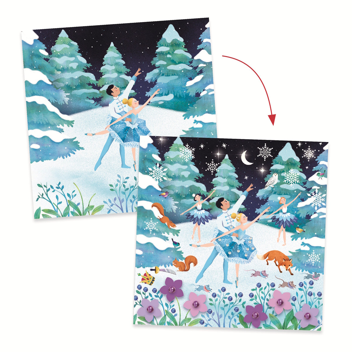 This engaging set allows young artists to decorate four illustrated cards featuring scenes from The Nutcracker, using over 600 self-adhesive rhinestones in various shapes and colors to create a shimmering 3D effect.