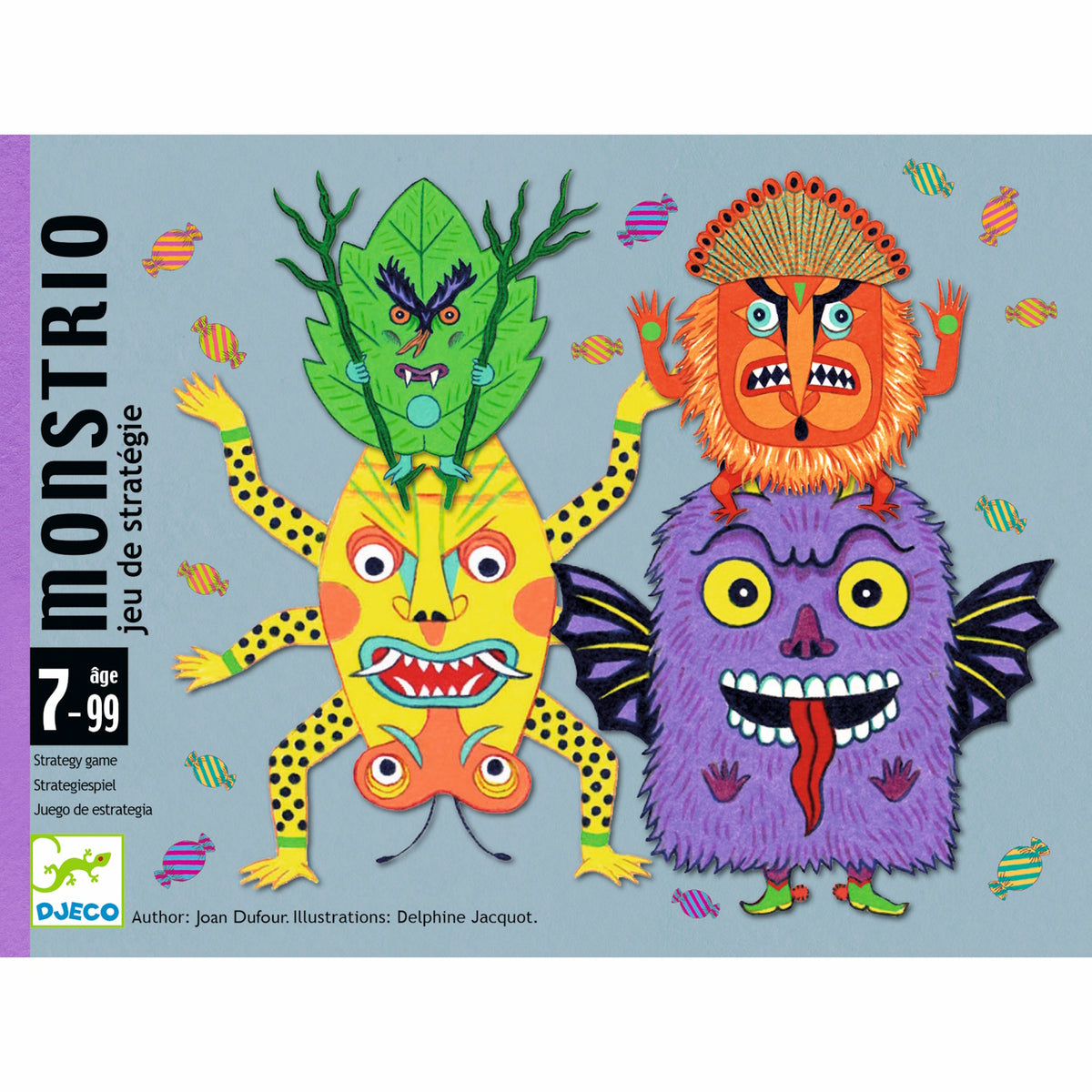 Colorful board game box with quirky, cartoon monsters stacked vertically. Bright tones, playful expressions, and whimsical design. Ages 7 to 99.
