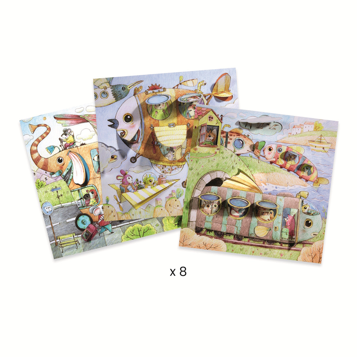 This set features 8 double-sided coloring cards, each measuring 20 x 20 cm, that depict scenes from Malo's imaginative journey.