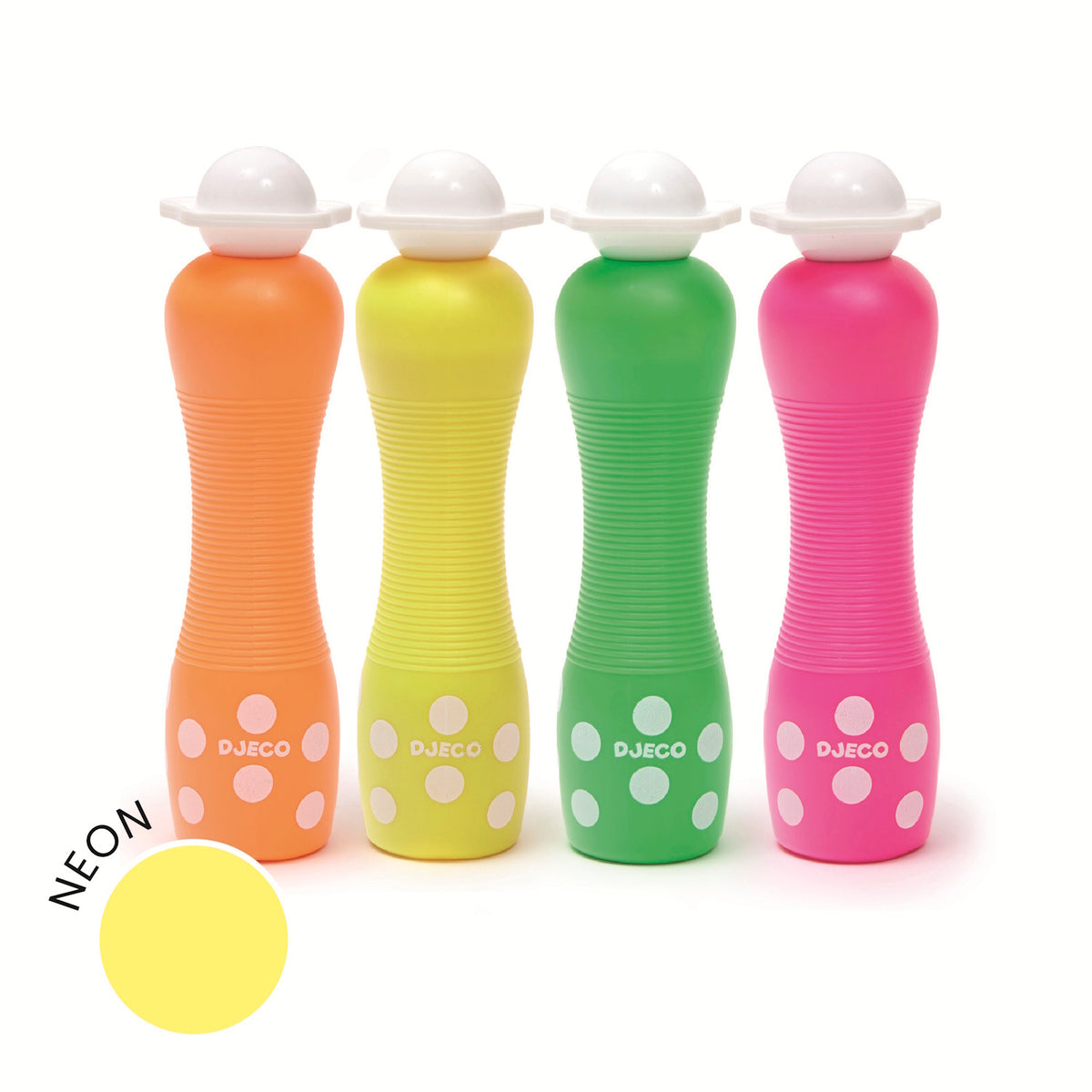 Colorful dot markers in orange, yellow, green, and pink with a sample sheet of polka dots; designed for ages 3-6 by DJECO.