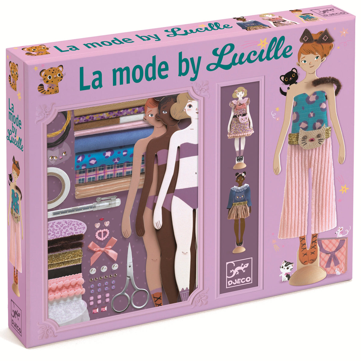 Three stylish dolls stand on wooden bases, each showcasing unique outfits with vibrant colors and playful accessories.