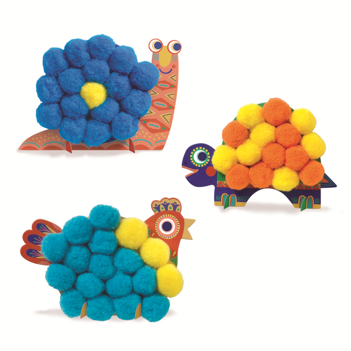 Colorful animal figures made of pom-poms: a snail, a turtle, and a bird, set against a white background.
