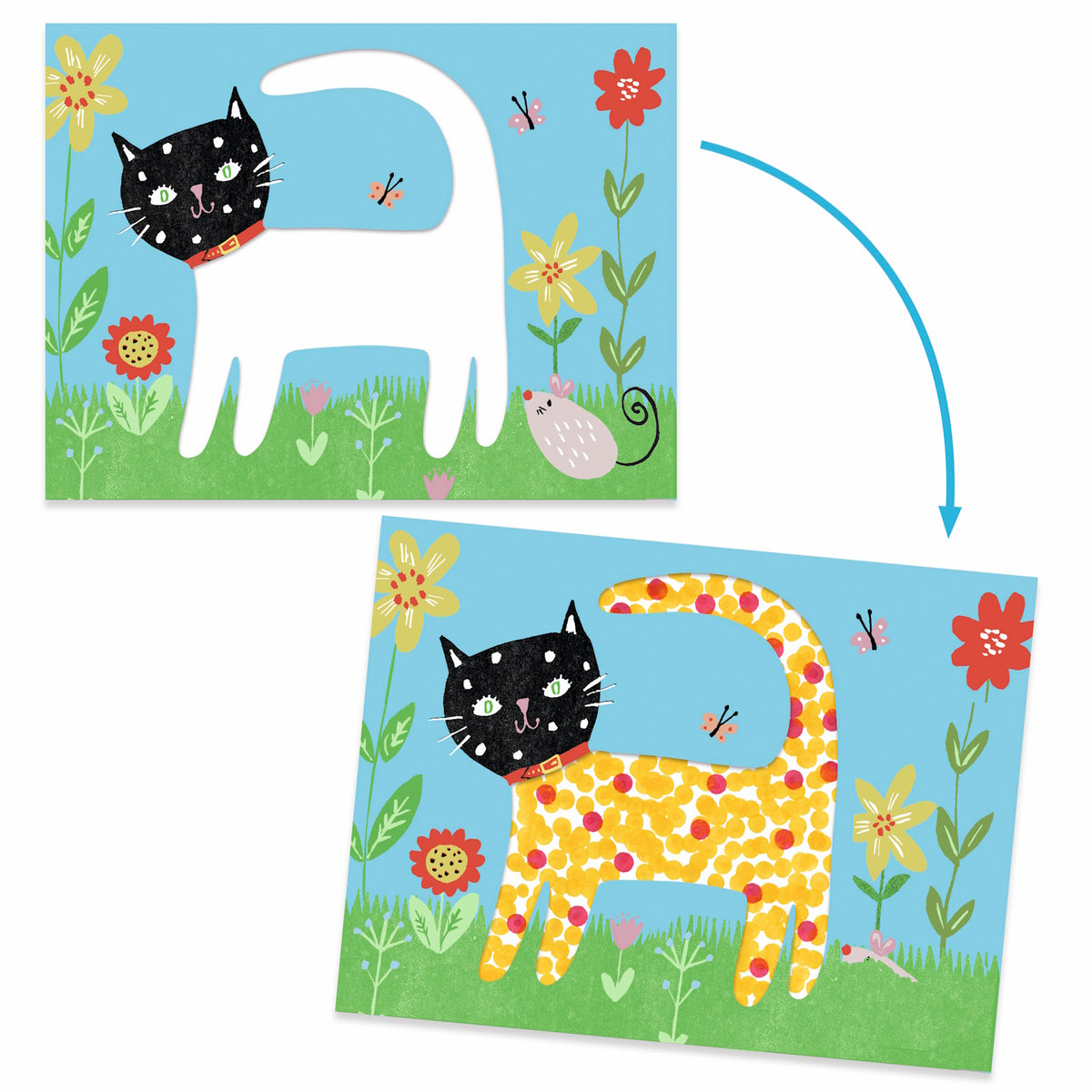 A colorful illustration of a dot-patterned cat surrounded by flowers, butterflies, and art supplies for a children's drawing activity.