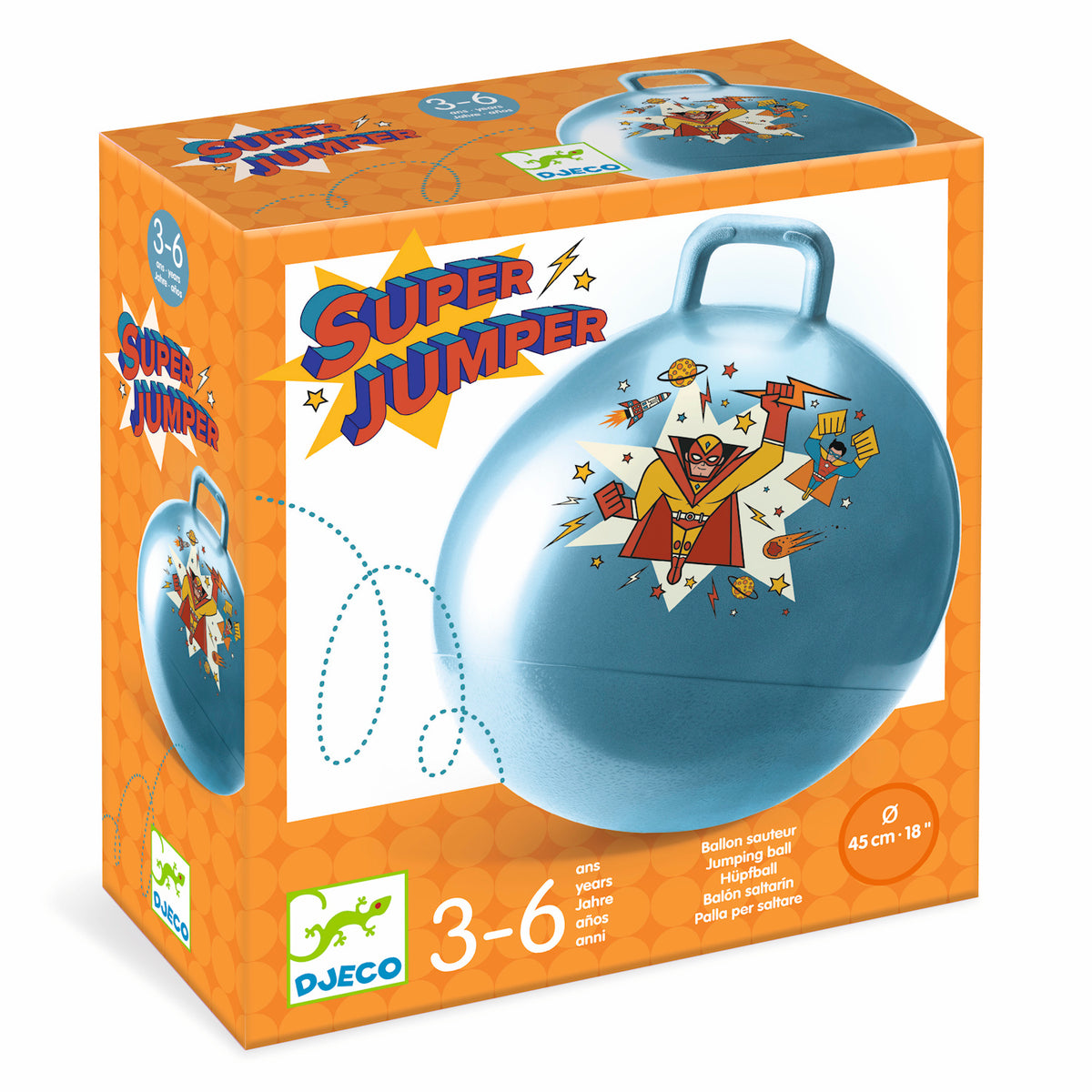 Orange box featuring a blue jumping ball with a superhero illustration. Text reads "Super Jumper" with an age range of 3-6 years. Energetic and playful design.